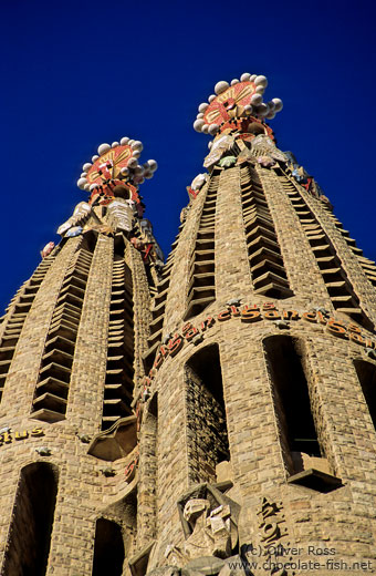 Two of the towers of the Sagrada Familia Basilica in Barcelona