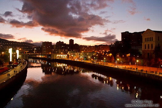 The Nervión river in Bilbao by night