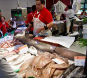 Travel photography:Fish vendor at the Bilbao food market, Spain