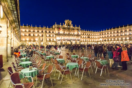 Street cafés on the Plaza Mayor in Salamanca by night