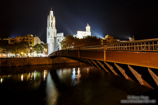 Bridge crossing the Onyar river in Girona with cathedral