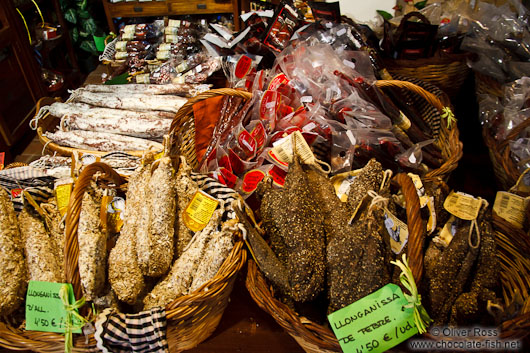 Sausages for sale in a delicatesseen shop in Pals