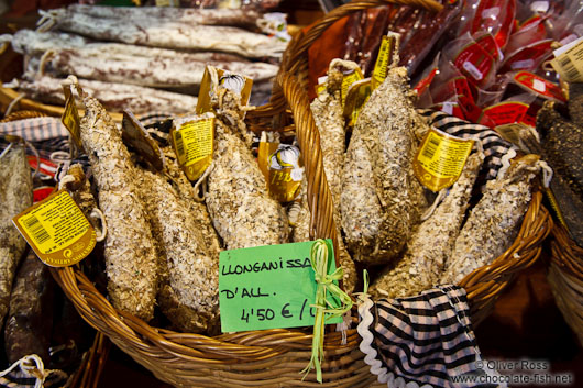 Sausages for sale in a delicatesseen shop in Pals