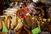 Travel photography:Sausages for sale in a delicatesseen shop in Pals, Spain