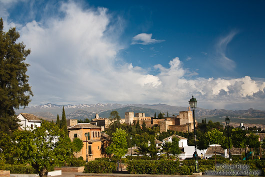 View of the Alhambra from the Albayzin district with the Sierra Nevada in the background