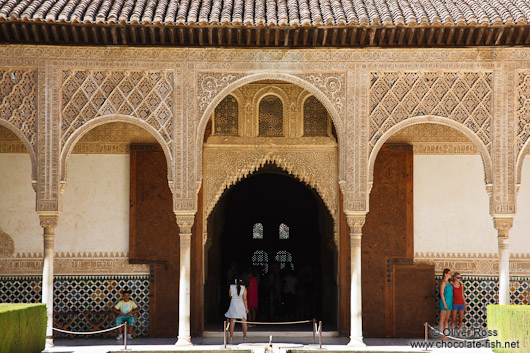 Arches in the patio de los Arrayanes (Court of the Myrtles), also called the Patio de la Alberca (Court of the Blessing or Court of the Pond) in the Nazrin palace of the Granada Alhambra