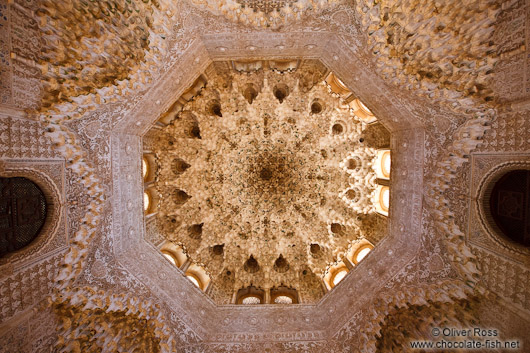 Arabesque ceiling in the Sala de los Abencerrajes (Hall of the Abencerrages) of the Nazrin palace in the Granada Alhambra