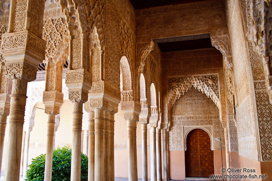 Arches in the Patio de los Leones (Court of the Lions) of the Nazrin palace in the Granada Alhambra