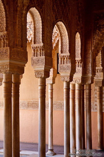 Arches in the Patio de los Leones (Court of the Lions) of the Nazrin palace in the Granada Alhambra