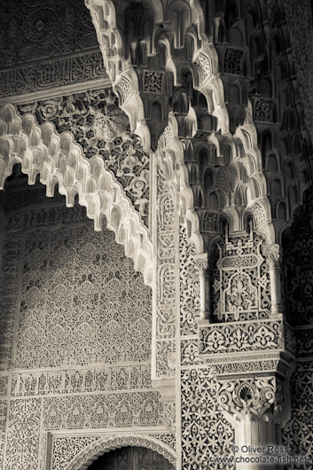 Arches in the Patio de los Leones (Court of the Lions) of the Nazrin palace in the Granada Alhambra