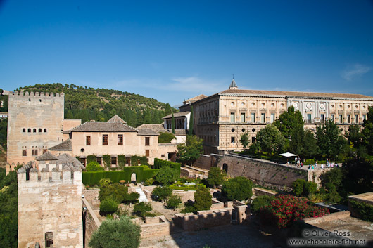 View of the outer wall and the Palacio de Carles V in the Granada Alhambra