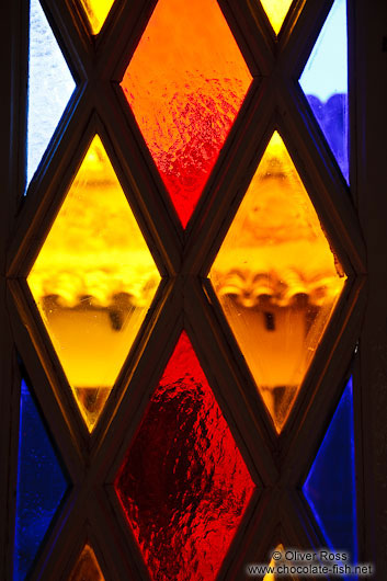 Detail of a stained glass door Valldemossa Cartuja Carthusian monastery