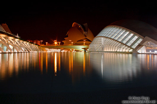 View of the science museum (Museo de las Ciencias) and the Palau de les Arts Reina Sofía opera house in the Ciudad de las artes y ciencias in Valencia