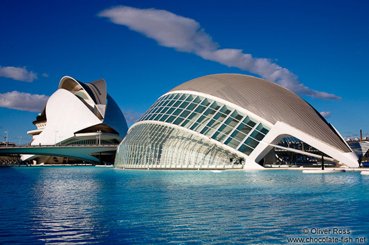 View of the Hemispheric with Palau de les Arts Reina Sofía opera house in the Ciudad de las artes y ciencias in Valencia