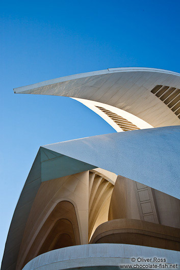 Facade detail of the Palau de les Arts Reina Sofía opera house in the Ciudad de las artes y ciencias in Valencia