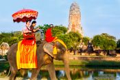 Travel photography:Tourists riding on an elephant through Ayutthaya, Thailand