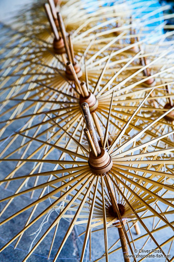 Finished wooden structures awaiting to receive their parasol cover at the Bo Sang parasol factory