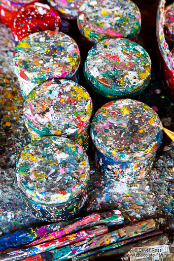 Paint pots used to hand colour the parasols at the Bo Sang parasol factory