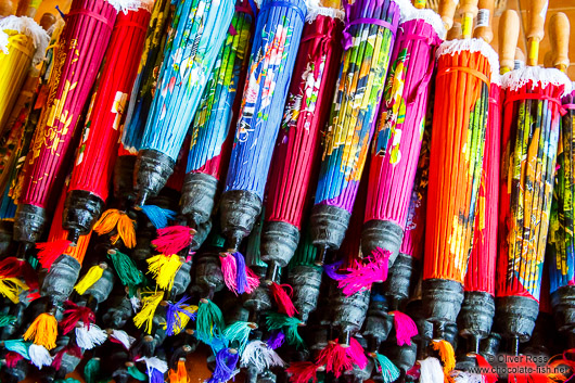 Finished parasols for sale at the Bo Sang parasol factory