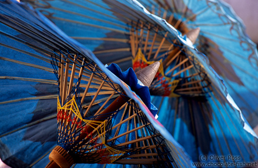 Finished blue parasols at the Bo Sang parasol factory