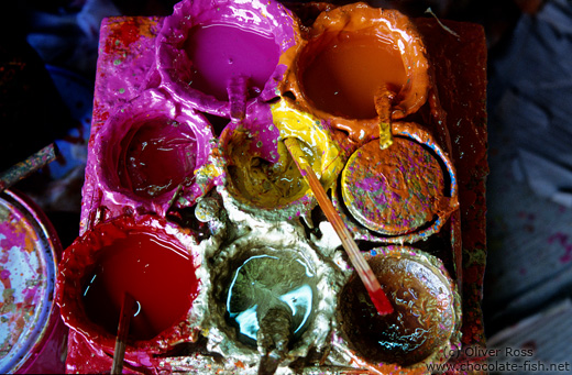 Paint pots used to colour the parasols at the Bo Sang parasol factory