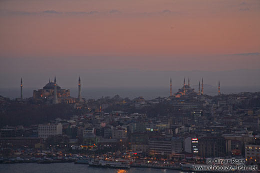 The Ayasofya (Hagia Sofia) left and the Sultanahmet (Blue) Mosque at dusk