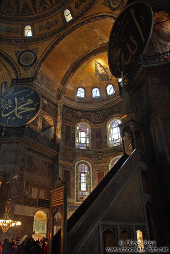 View of the main altar and the mosaic above inside the Ayasofya (Hagia Sofia)