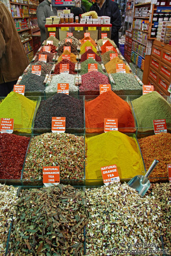 Display of spices and teas at the Egyptian (Spice) Basar in Istanbul