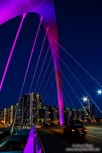 The Glasgow Clyde Arc illuminated at night