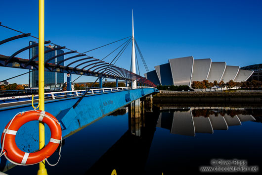 The Clyde Auditorium with Bell`s Bridge across the River Clyde in Glasgow