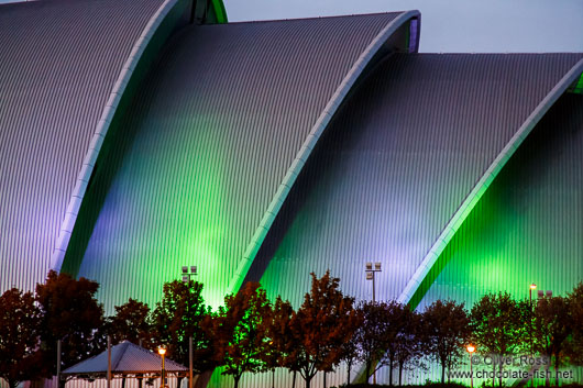 Glasgow Clyde Auditorium illuminated at night