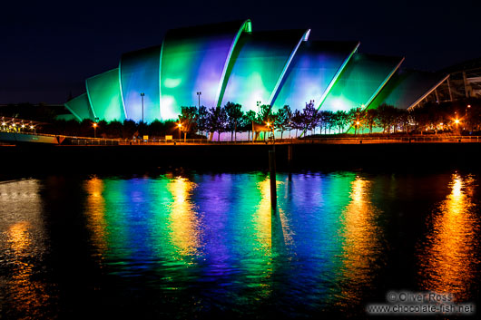 The Glasgow Clyde Auditorium illuminated by night