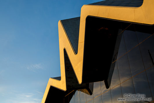 Roof detail of the Glasgow Riverside Museum at sunset