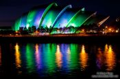 Travel photography:The Glasgow Clyde Auditorium illuminated by night, United Kingdom