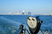 Travel photography:Looking glass on the Staten Island ferry with New York City skyline, USA