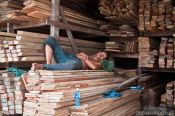 Travel photography:Man sleeping in a wood shop in Danang, Vietnam