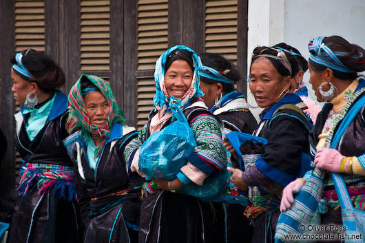 Hmong women meeting for the weekly market in Sapa